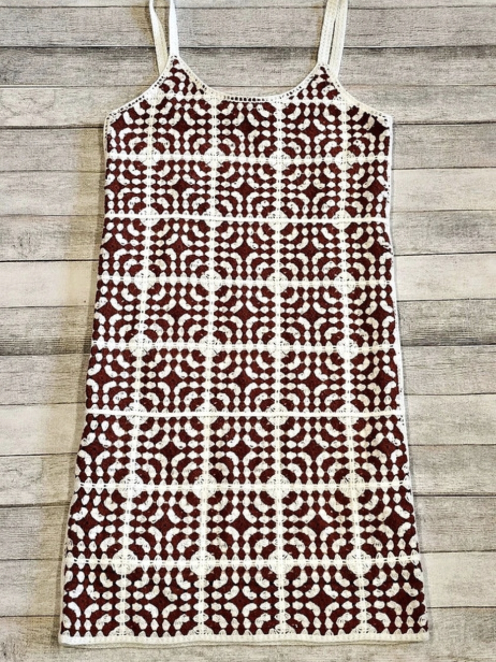 Willow & Wind Crochet Knit Mini Dress Geometric Mini Dress in Brown & Cream Size